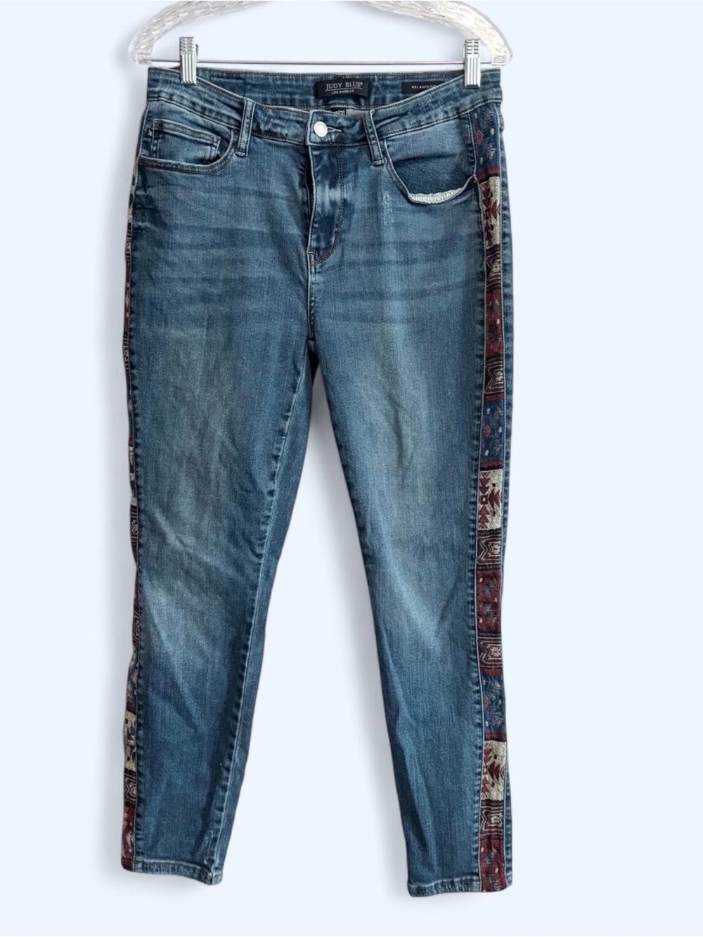 Judy Blue Medium Wash Relaxed Fit Skinny Jeans with Patterned Side Panels